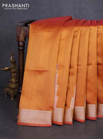 Semi dupion saree sunset orange with plain body and mural printed pallu