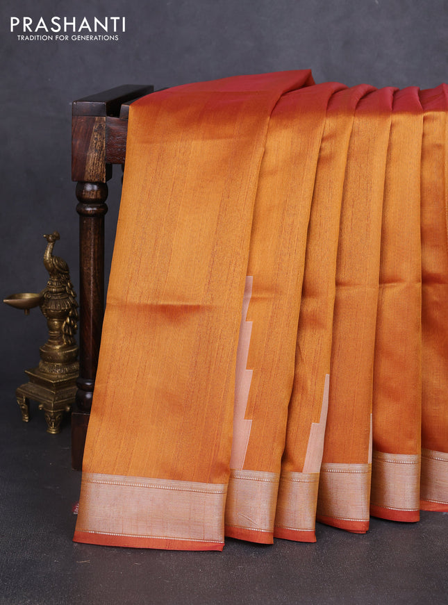 Semi dupion saree sunset orange with plain body and mural printed pallu