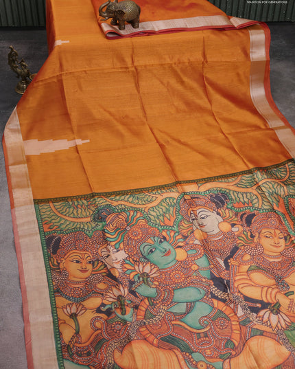Semi dupion saree sunset orange with plain body and mural printed pallu