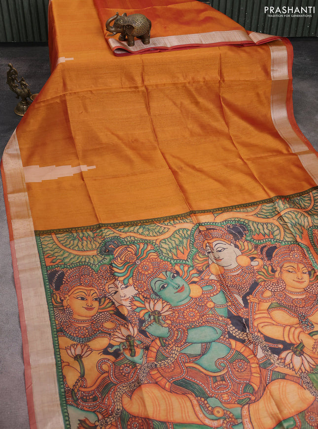 Semi dupion saree sunset orange with plain body and mural printed pallu