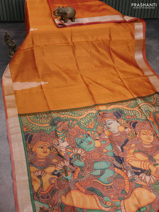 Semi dupion saree sunset orange with plain body and mural printed pallu