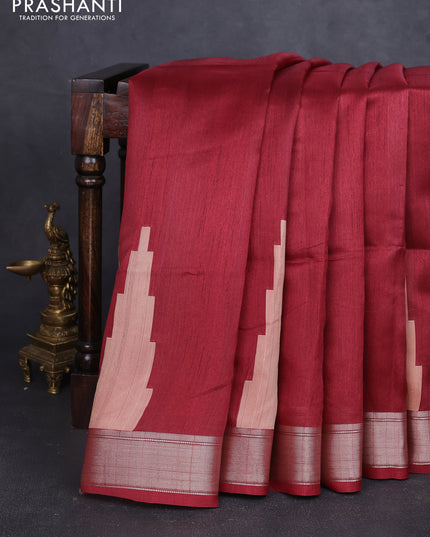 Semi dupion saree maroon with plain body and mural printed pallu