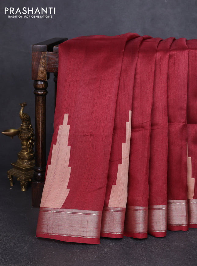 Semi dupion saree maroon with plain body and mural printed pallu