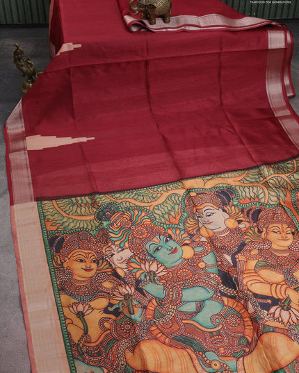 Semi dupion saree maroon with plain body and mural printed pallu