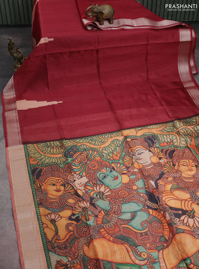 Semi dupion saree maroon with plain body and mural printed pallu