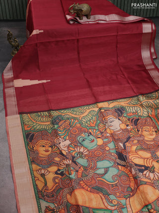 Semi dupion saree maroon with plain body and mural printed pallu