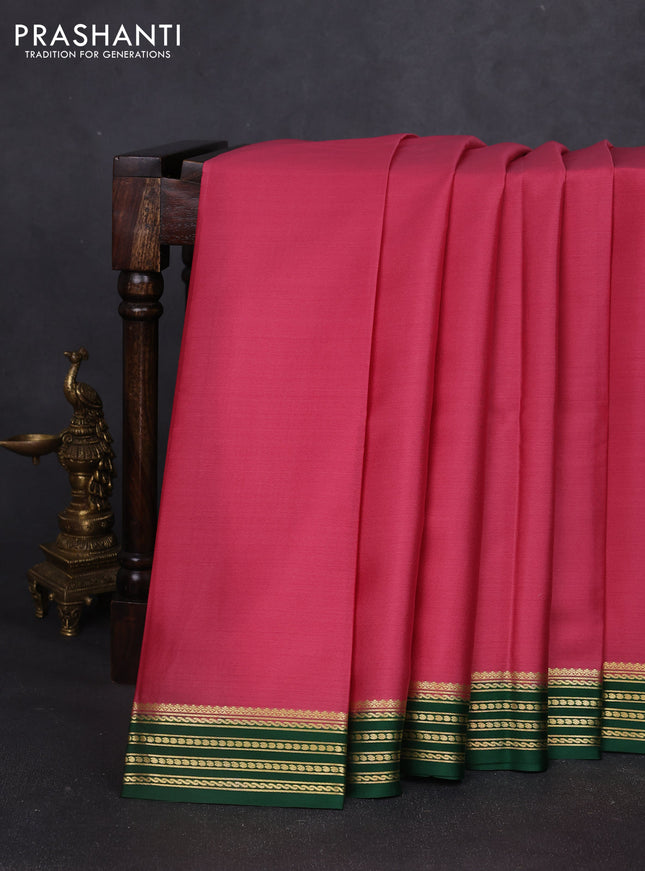 Pure mysore silk saree peach pink and green with plain body and zari woven border