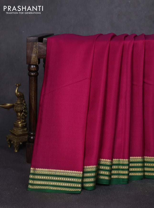 Pure mysore silk saree dark pink and green with plain body and zari woven border