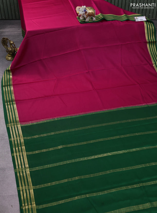 Pure mysore silk saree dark pink and green with plain body and zari woven border