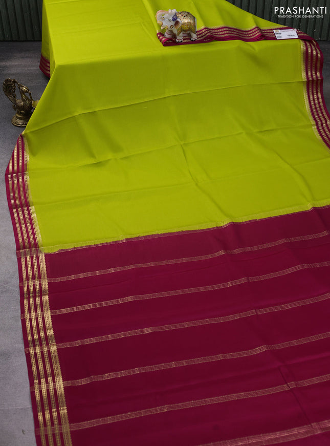 Pure mysore silk saree light green and dark pink with plain body and zari woven border