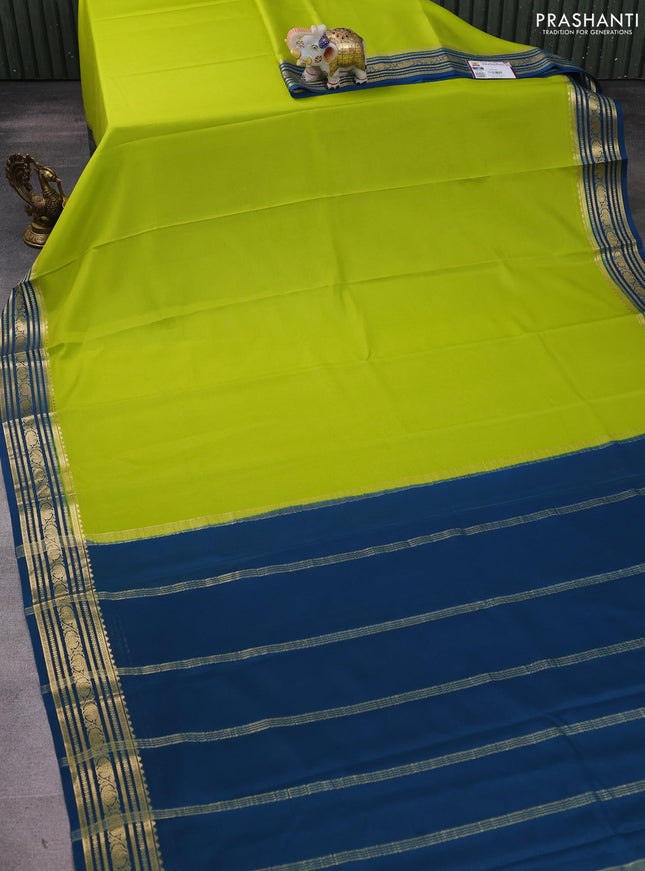Pure mysore silk saree lime green and peacock green with plain body and zari woven border
