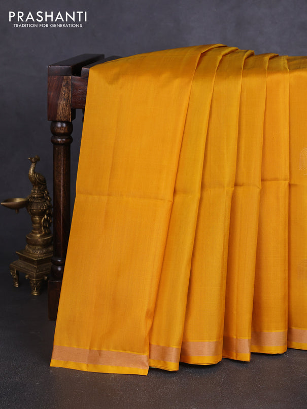 Pure soft silk saree mustard yellow and pastel green with zari woven buttas and zari woven border