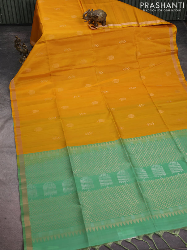 Pure soft silk saree mustard yellow and pastel green with zari woven buttas and zari woven border