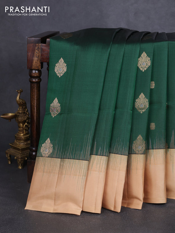 Pure soft silk saree green and sandal with zari woven buttas and zari woven simple border