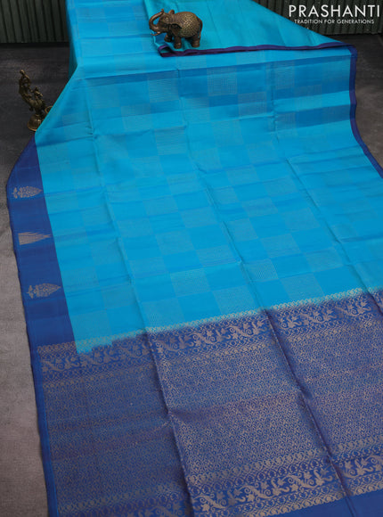 Pure soft silk saree cs blue and teal blue with allover zari weaves and temple zari woven border