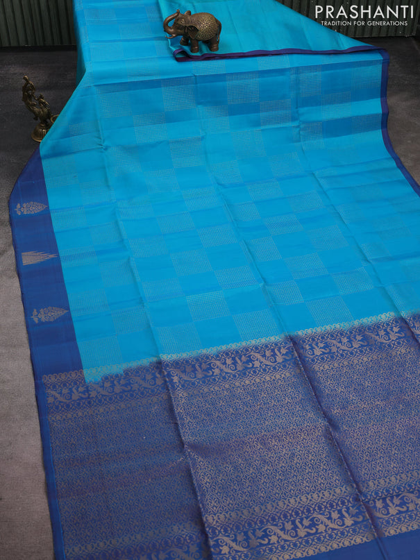 Pure soft silk saree cs blue and teal blue with allover zari weaves and temple zari woven border