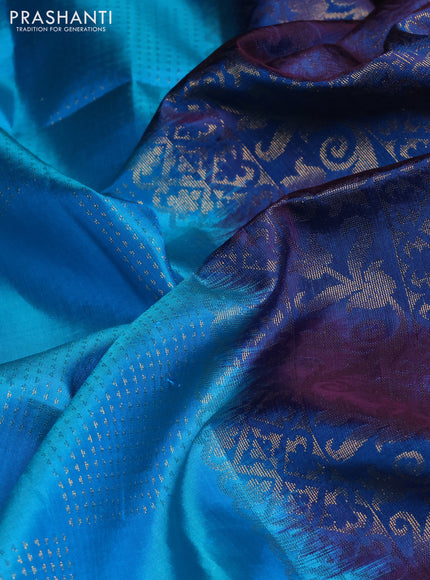 Pure soft silk saree cs blue and teal blue with allover zari weaves and temple zari woven border