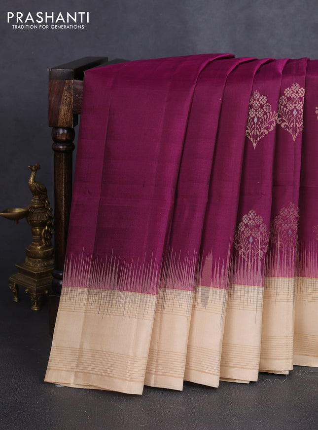 Pure soft silk saree purple and beige with zari woven buttas and rettapet zari woven border
