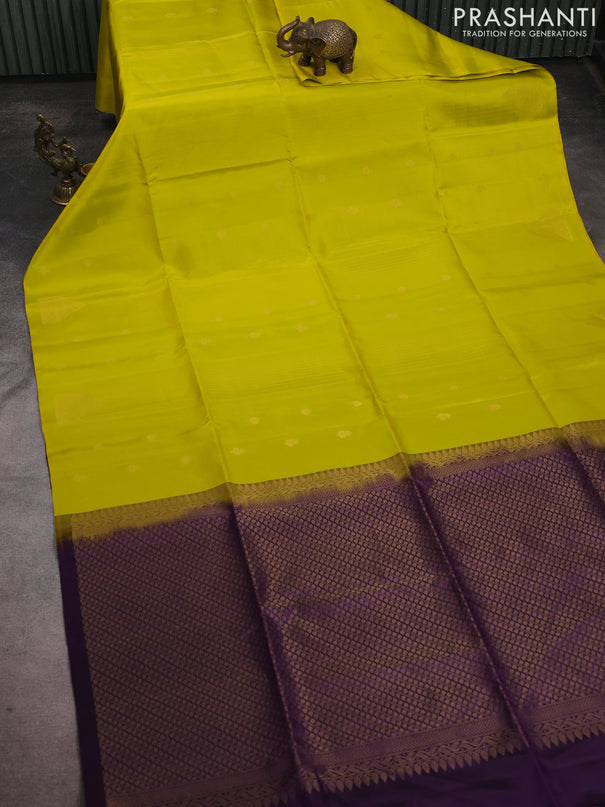 Pure soft silk saree lime green and violet with allover zari weaves & buttas in borderless style