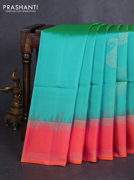 Pure soft silk saree teal green and pinkish orange with zari woven buttas and rettapet zari woven border