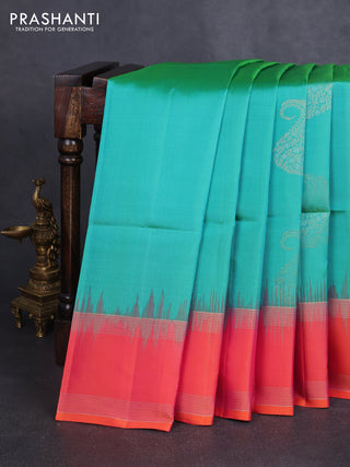 Pure soft silk saree teal green and pinkish orange with zari woven buttas and rettapet zari woven border