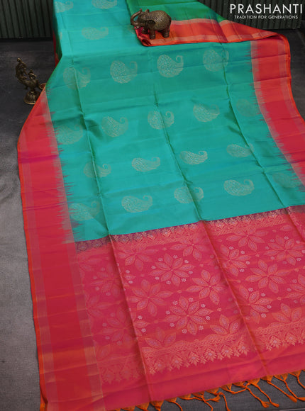 Pure soft silk saree teal green and pinkish orange with zari woven buttas and rettapet zari woven border