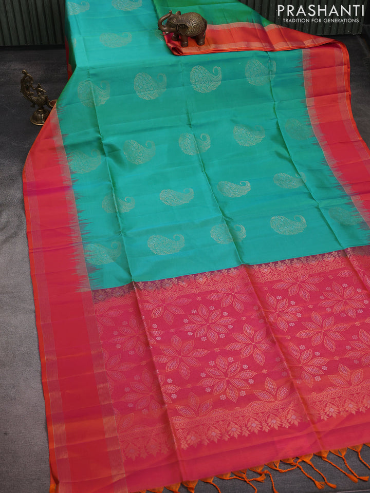 Pure soft silk saree teal green and pinkish orange with zari woven buttas and rettapet zari woven border