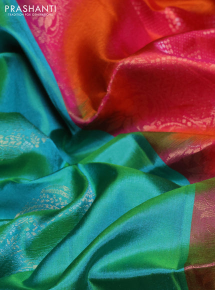 Pure soft silk saree teal green and pinkish orange with zari woven buttas and rettapet zari woven border