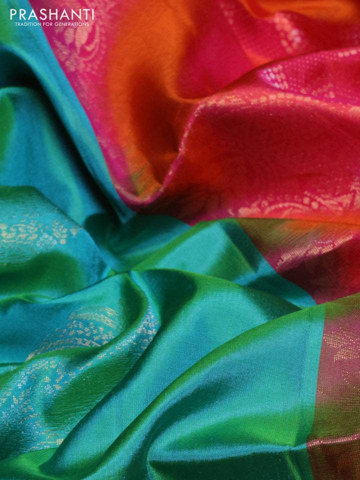 Pure soft silk saree teal green and pinkish orange with zari woven buttas and rettapet zari woven border