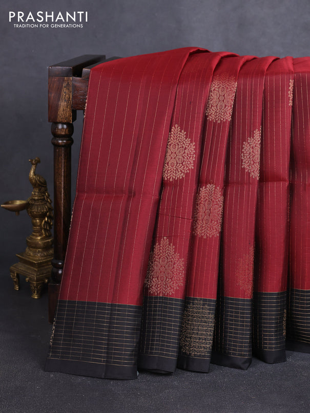 Pure soft silk saree deep maroon and black with allover zari weaves and zari woven border