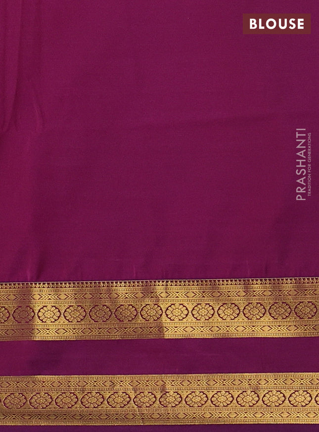 Semi soft silk saree reddish orange and purple with allover zari woven buttas and zari woven korvai border