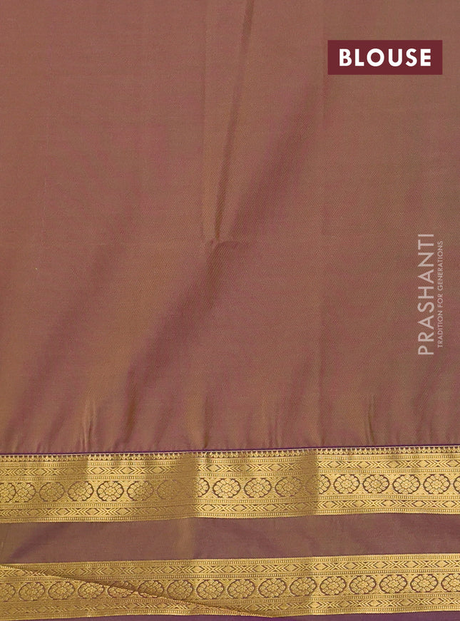 Semi soft silk saree mustard yellow and dual shade of purple with allover zari woven buttas and zari woven korvai border