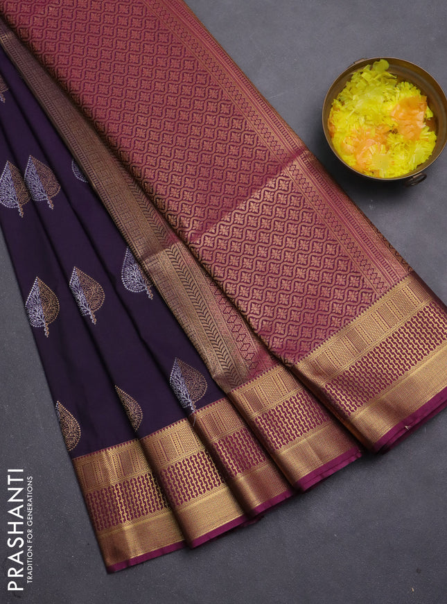 Semi soft silk saree deep purple and dark magenta pink with allover zari woven buttas and zari woven korvai border