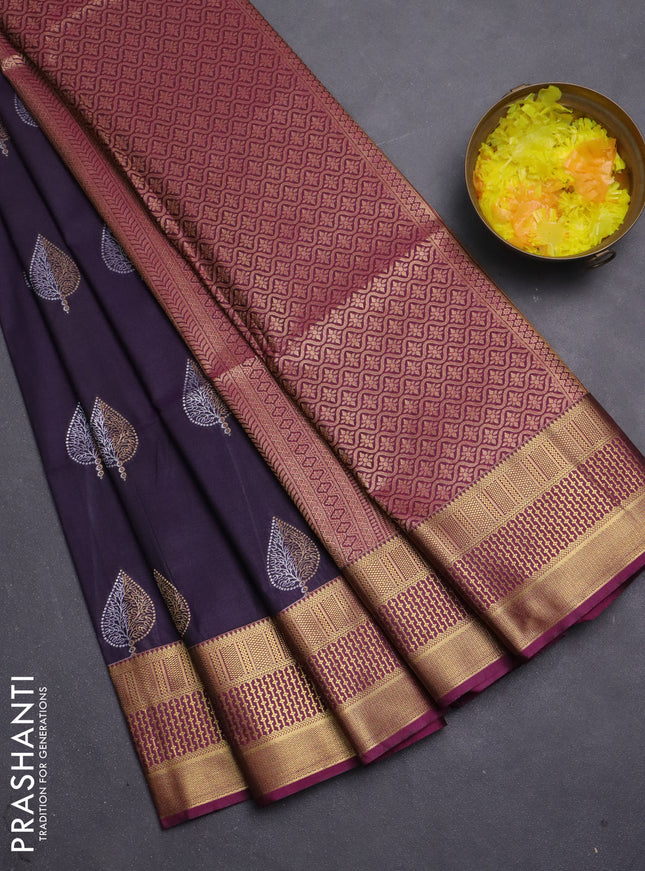 Semi soft silk saree deep jamun and dark magenta pink with allover zari woven buttas and zari woven korvai border