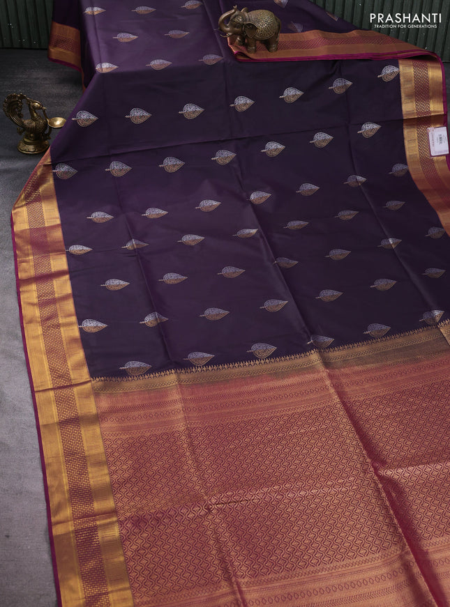 Semi soft silk saree deep jamun and dark magenta pink with allover zari woven buttas and zari woven korvai border