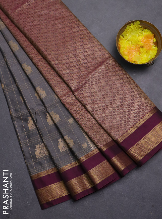 Semi soft silk saree grey and magenta pink with allover zari checks & buttas and zari woven korvai border