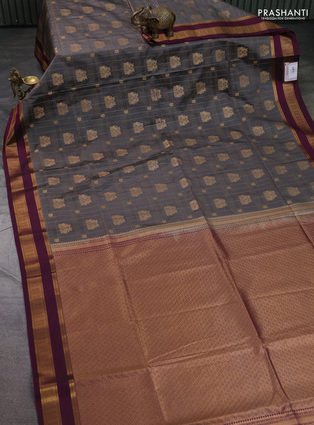 Semi soft silk saree grey and magenta pink with allover zari checks & buttas and zari woven korvai border