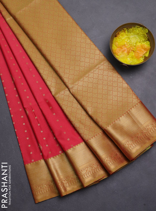 Semi soft silk saree peach shade and dark mustard with allover zari woven buttas and zari woven korvai border
