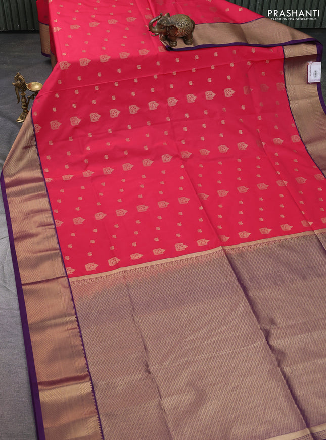 Semi soft silk saree pink and purple with allover zari woven buttas and zari woven korvai border