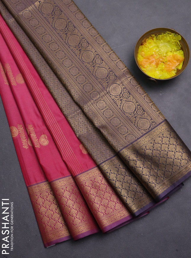 Semi soft silk saree peach pink and pastel purple with allover zari weaves & buttas and zari woven korvai border
