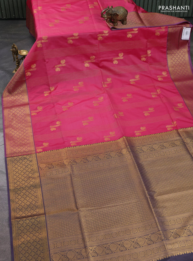 Semi soft silk saree peach pink and pastel purple with allover zari weaves & buttas and zari woven korvai border