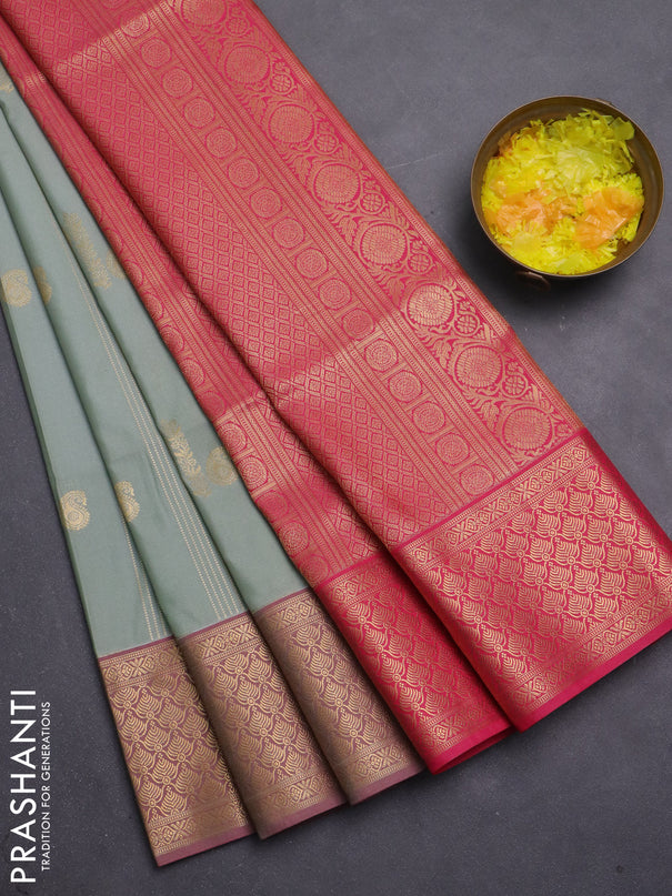Semi soft silk saree pastel green and pink with allover zari weaves & buttas and zari woven korvai border
