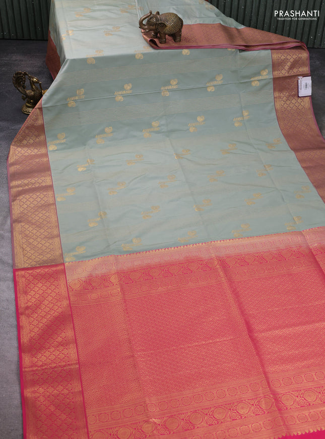 Semi soft silk saree pastel green and pink with allover zari weaves & buttas and zari woven korvai border