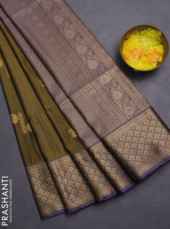Semi soft silk saree mehendi green and pastel purple with allover zari weaves & buttas and zari woven korvai border