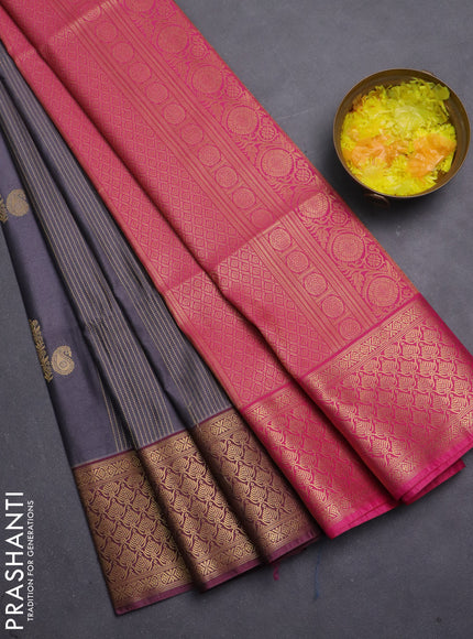Semi soft silk saree grey and pink with allover zari weaves & buttas and zari woven korvai border