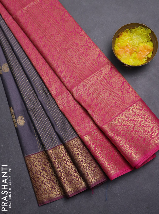 Semi soft silk saree grey and pink with allover zari weaves & buttas and zari woven korvai border