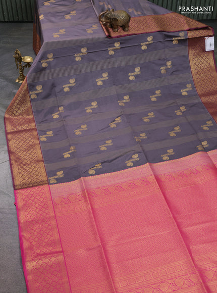 Semi soft silk saree grey and pink with allover zari weaves & buttas and zari woven korvai border