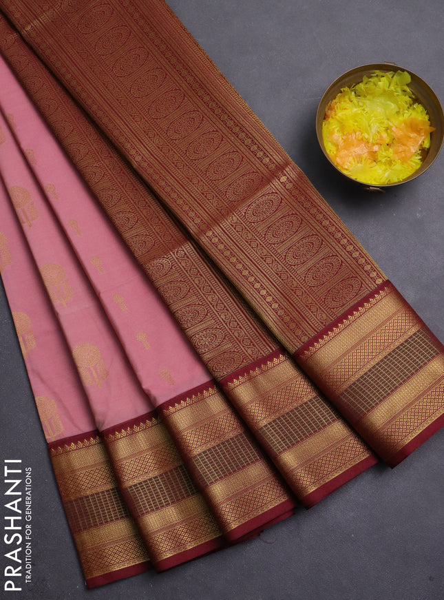 Semi soft silk saree peach pink and deep maroon with allover zari woven buttas and zari woven border