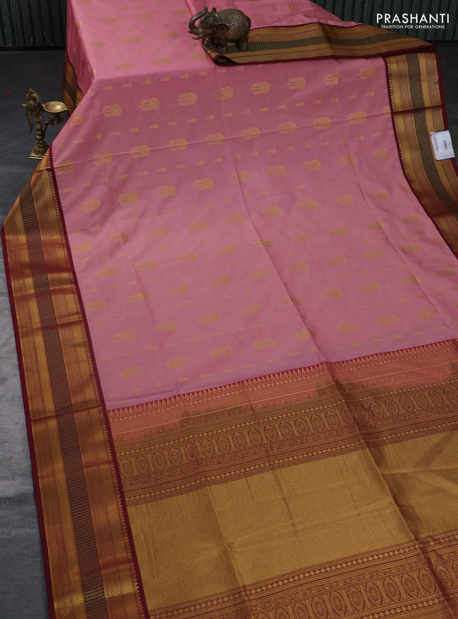 Semi soft silk saree peach pink and deep maroon with allover zari woven buttas and zari woven border
