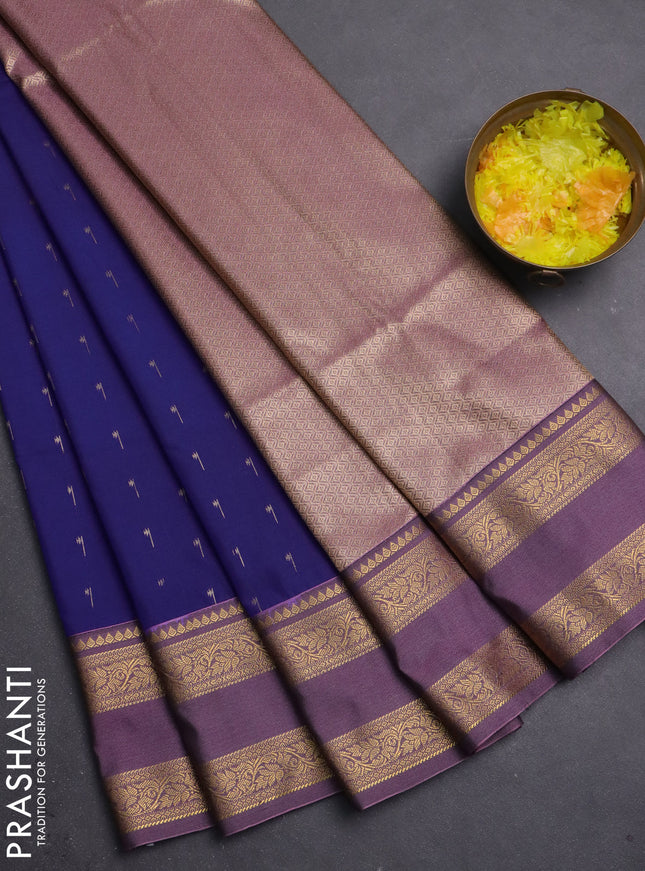 Semi soft silk saree blue and rosy brown with allover zari woven buttas and rettapet zari woven border